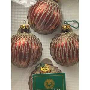 4 Red Hand Blown Glass Glitter Round Christmas Ornaments Main Street USA Vintage